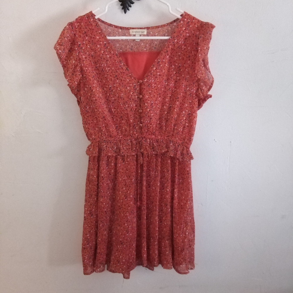 Trinhnology Women's Orange Floral Sleeveless Ruffled V-Neck Dress Sz Med